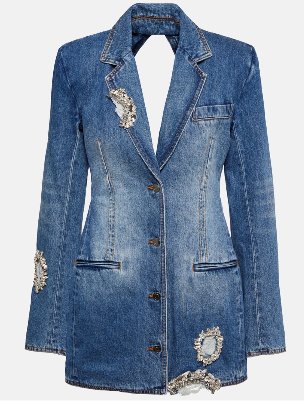 Area Embellished Blue Denim Blazer Jacket